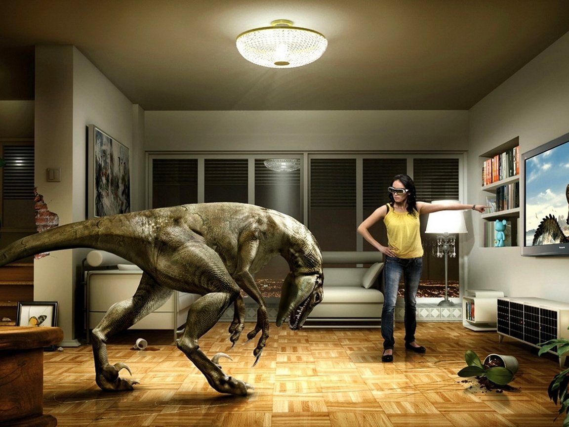 Обои девушка, телевизор, динозавр, юмор, girl, tv, dinosaur, humor разрешение 1920x1200 Загрузить