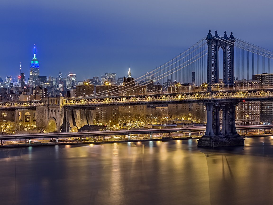 Обои ночь, мост, сша, нью-йорк, манхеттен, night, bridge, usa, new york, manhattan разрешение 2048x1365 Загрузить