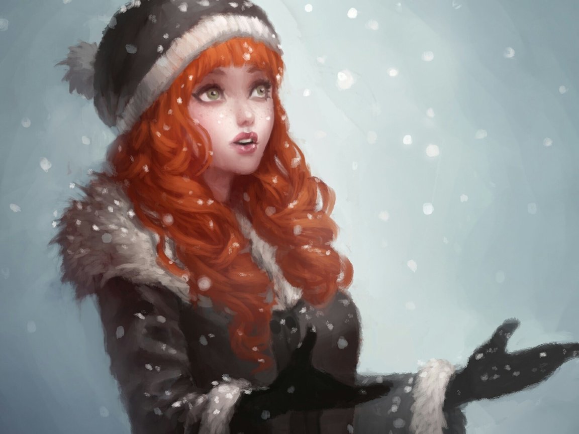 Обои арт, рисунок, снег, девушка, снежинки, рыжеволосая, art, figure, snow, girl, snowflakes, redhead разрешение 2000x1332 Загрузить