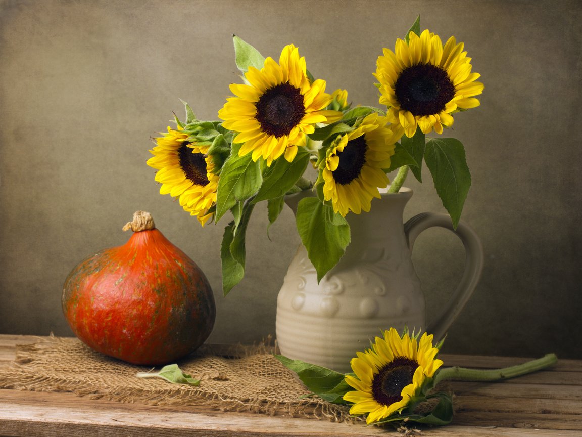 Обои подсолнух, ваза, тыква, натюрморт, sunflower, vase, pumpkin, still life разрешение 4476x3456 Загрузить