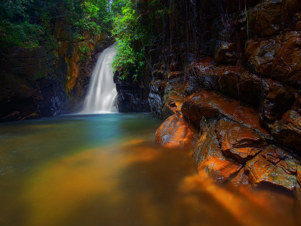 Обои деревья, скалы, водопад, поток, trees, rocks, waterfall, stream разрешение 2048x1365 Загрузить