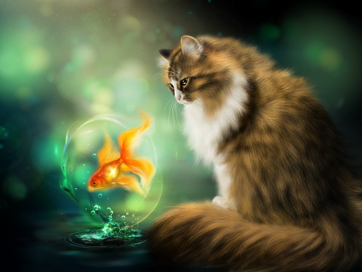 Обои кот, кошка, фотошоп, живопись, золотая рыбка, рыба, нelena, cat, photoshop, painting, goldfish, fish, gb разрешение 1920x1200 Загрузить