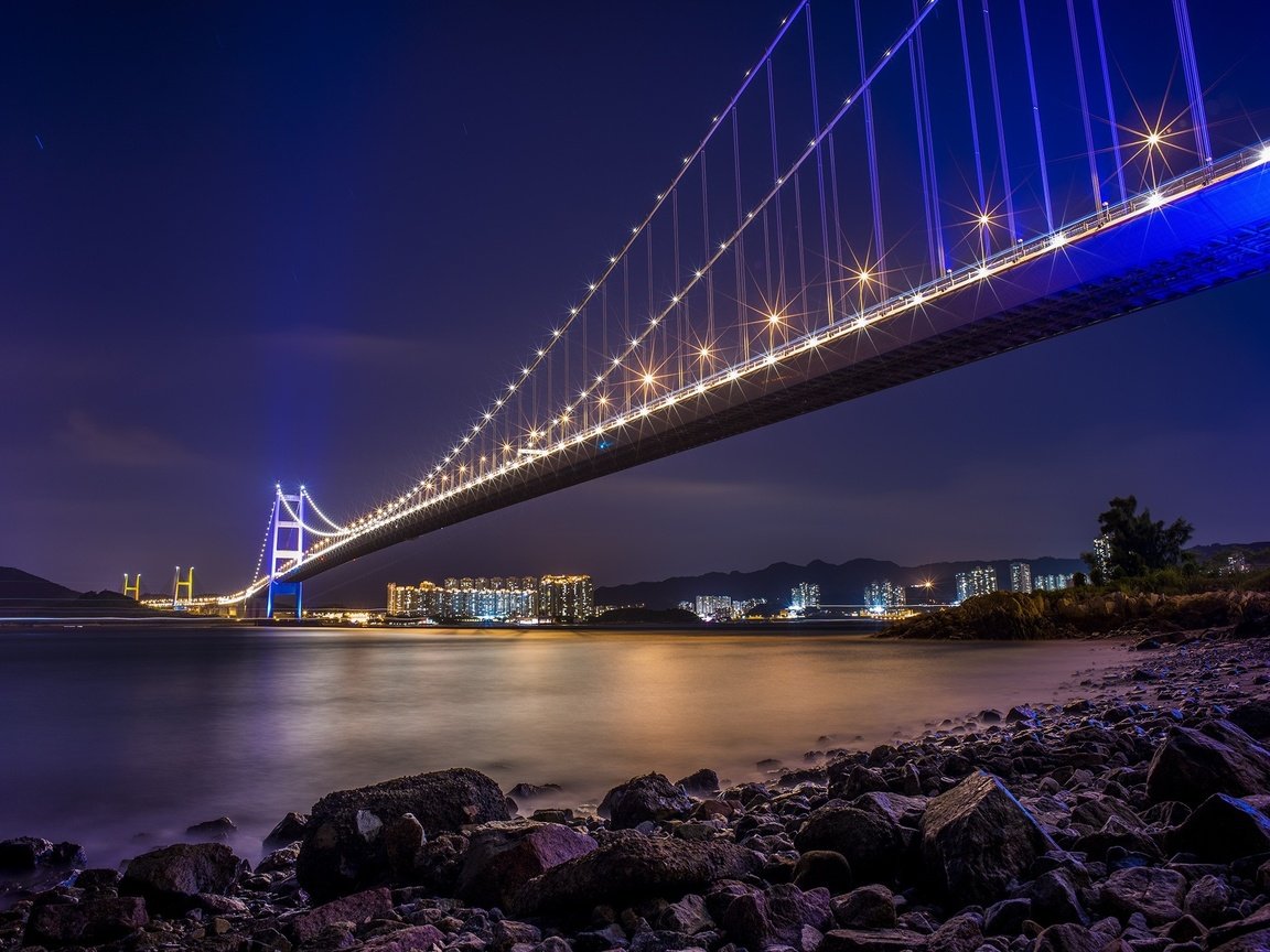 Обои ночь, огни, китай, гонконг, мост цинма, night, lights, china, hong kong, bridge tsing ma bridge разрешение 2250x1500 Загрузить