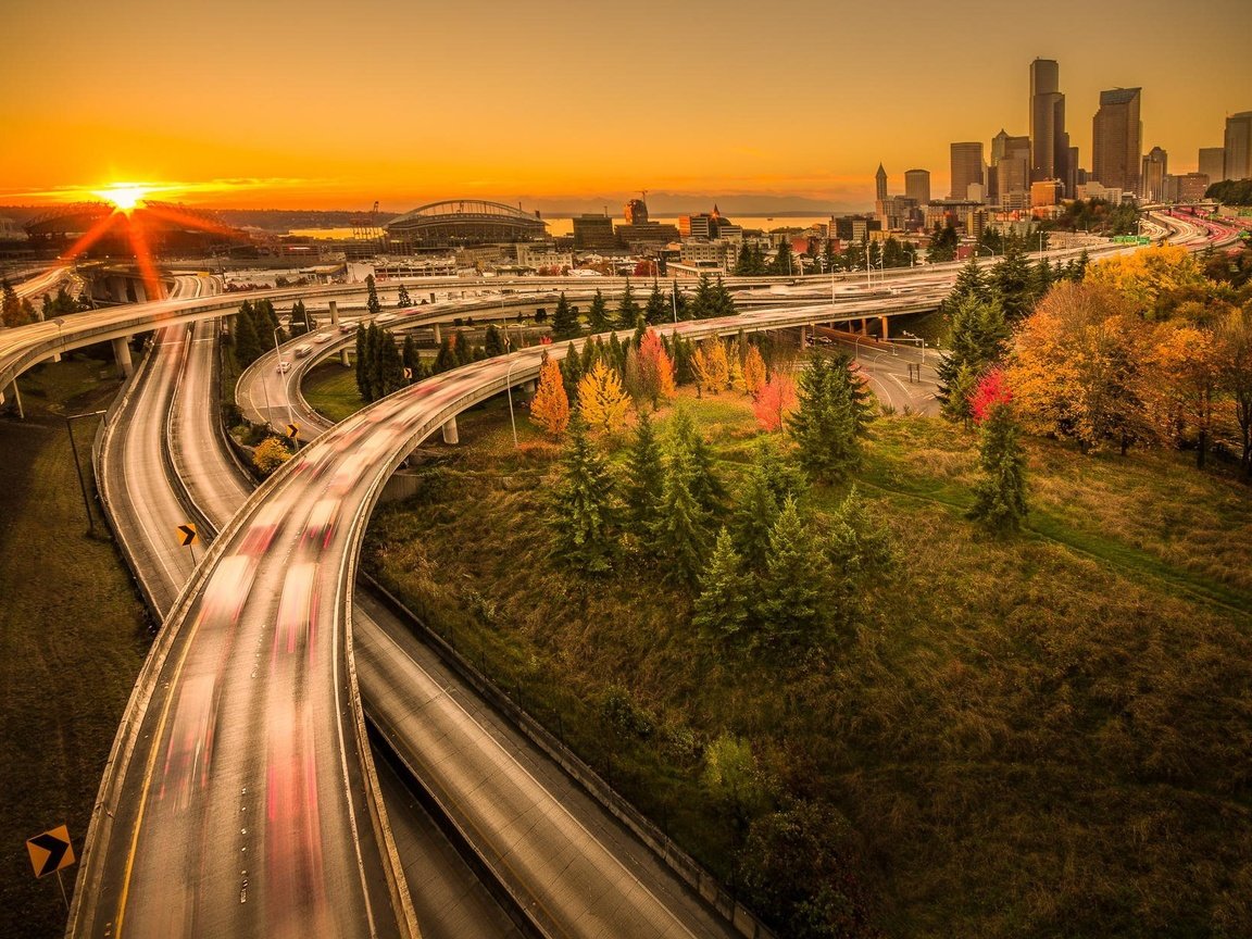 Обои закат, города, мост, город, вашингтон, сша, сиэтл, sunset, city, bridge, the city, washington, usa, seattle разрешение 1920x1241 Загрузить