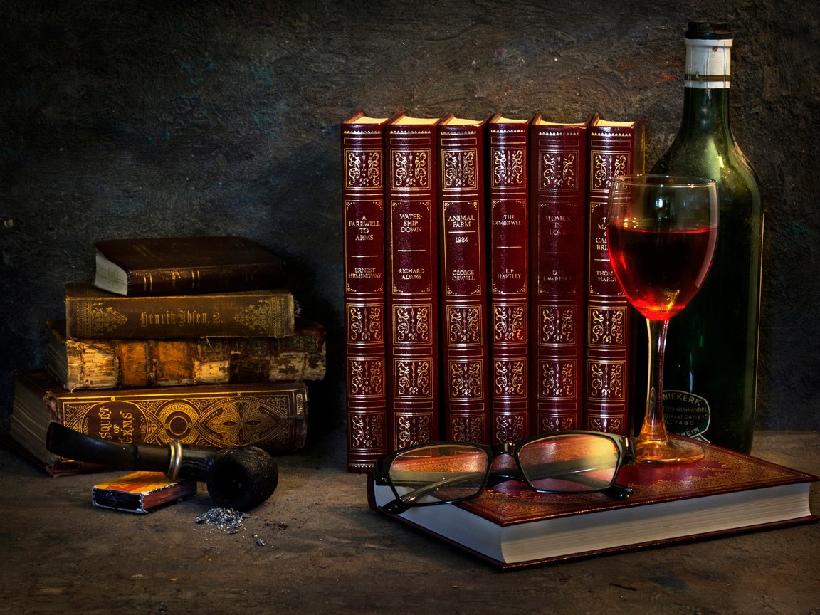 Обои очки, красное, книги, бокал, вино, спички, трубка, бутылка, пепел, glasses, red, books, glass, wine, matches, tube, bottle, ash разрешение 2048x1411 Загрузить
