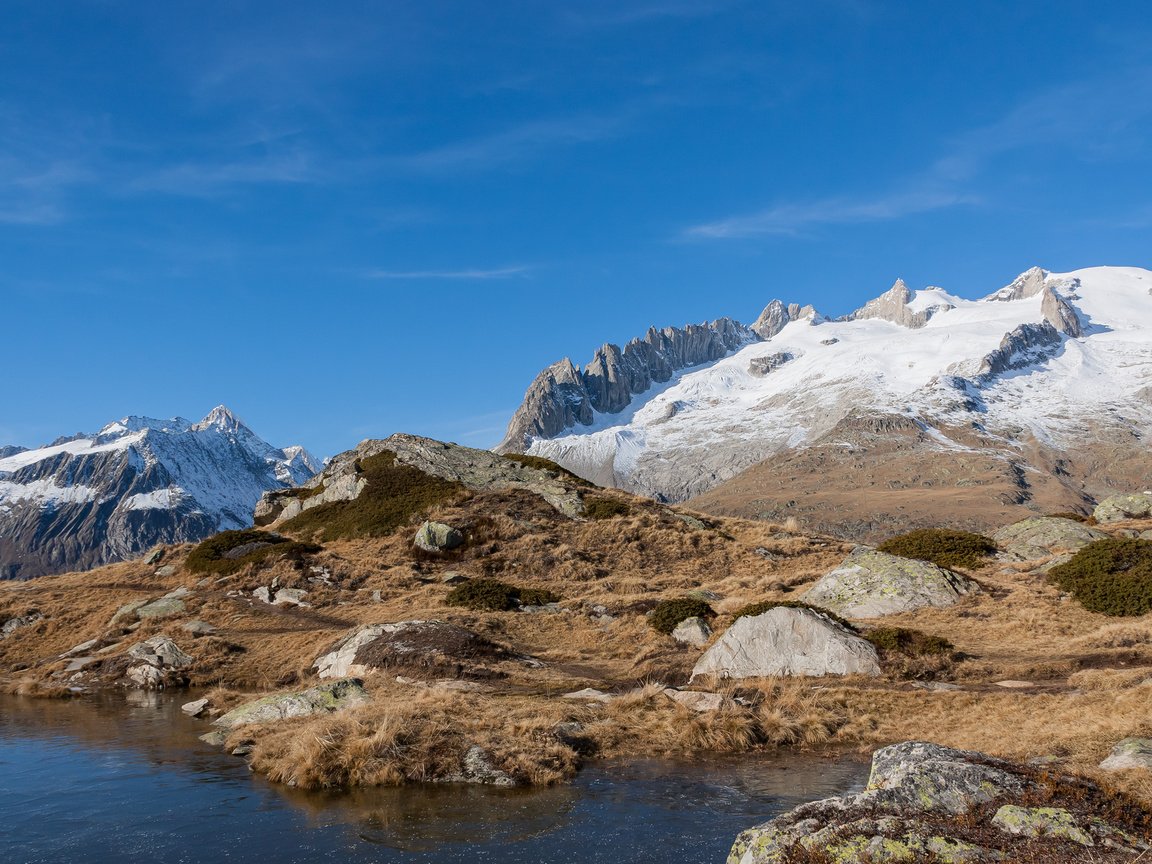 Обои горы, природа, швейцария, fusshorner bettmeralp, mountains, nature, switzerland разрешение 3360x2100 Загрузить