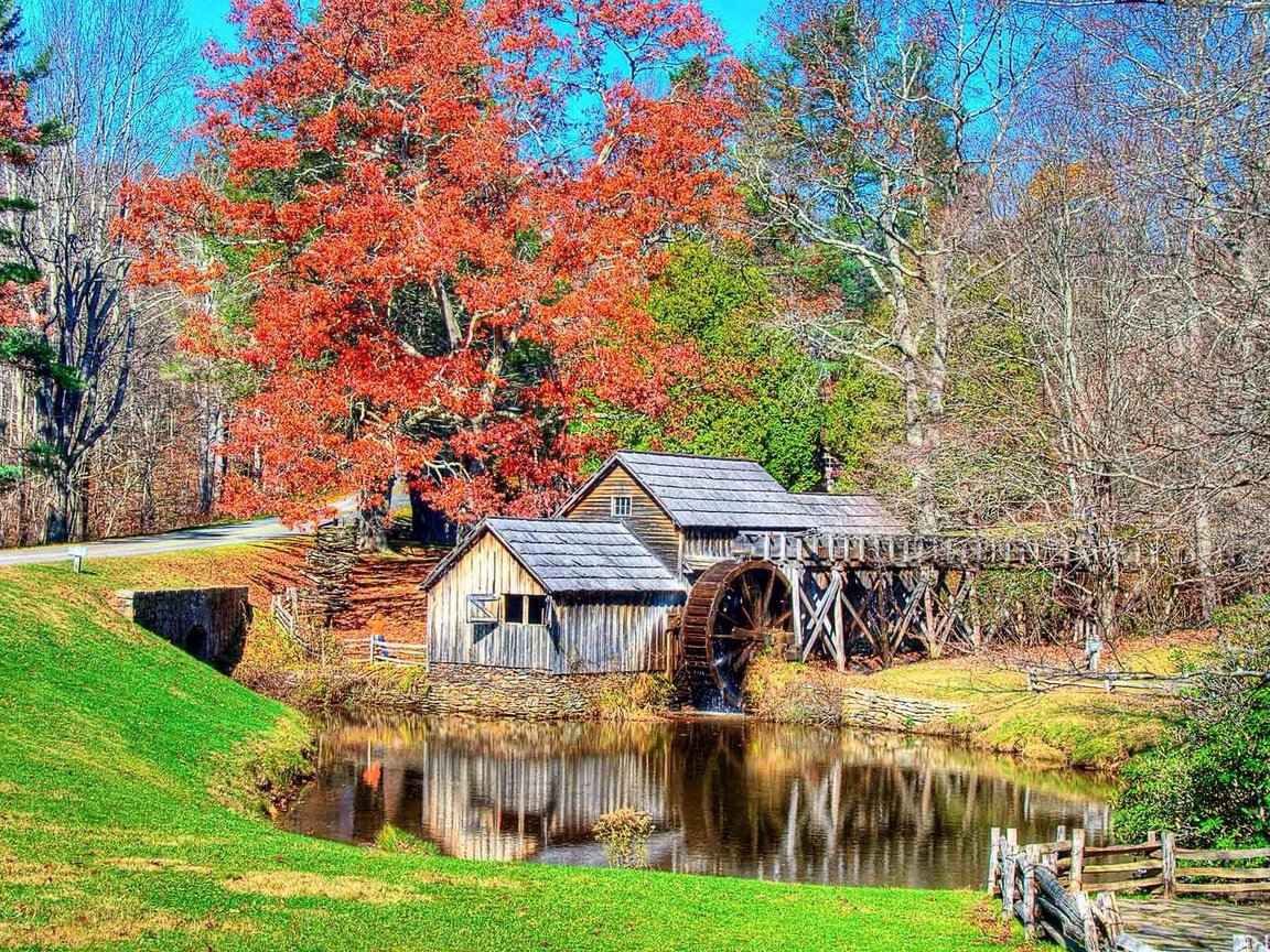 Обои деревья, река, пейзаж, осень, мельница, штат виргиния, mabry mill, trees, river, landscape, autumn, mill, virginia разрешение 1920x1281 Загрузить