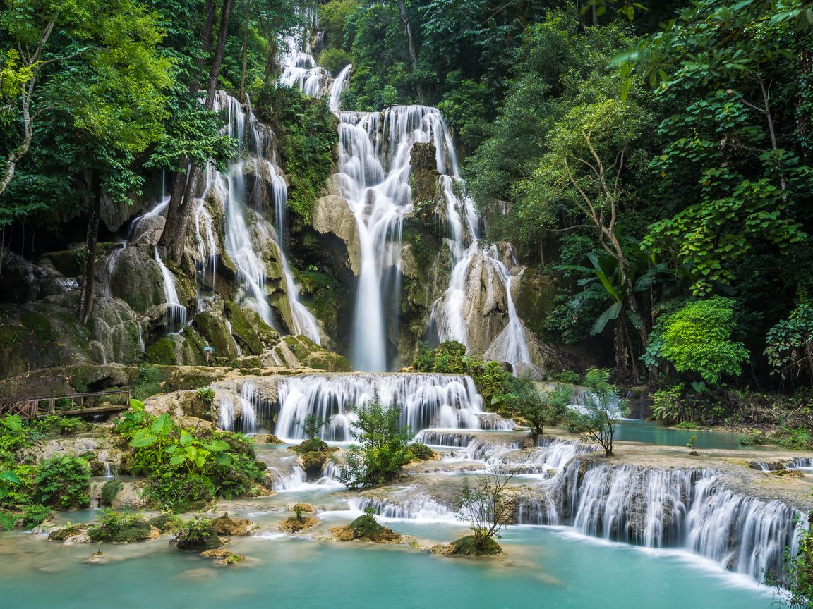 Обои деревья, скалы, природа, лес, водопад, лаос, kuang si waterfall, trees, rocks, nature, forest, waterfall, laos разрешение 1920x1280 Загрузить