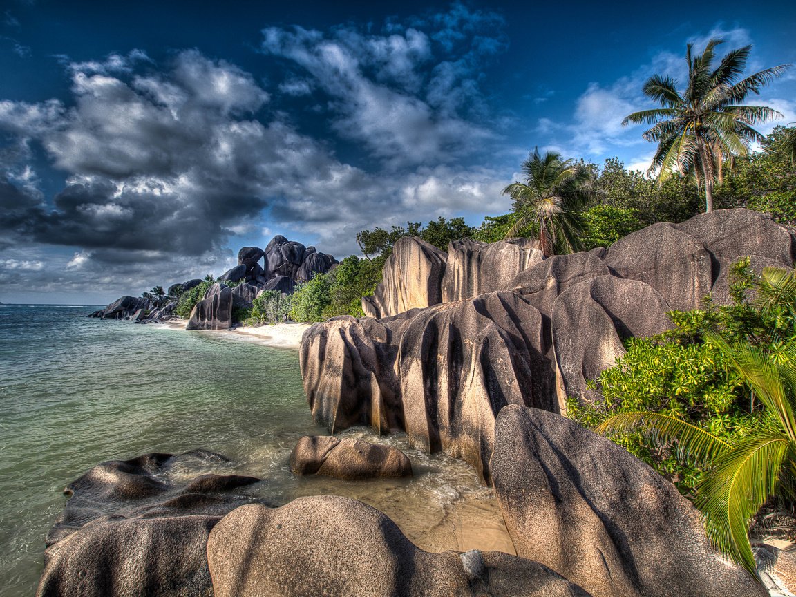 Обои скалы, камни, берег, пейзаж, море, пальмы, сейшелы, сейшельские острова, rocks, stones, shore, landscape, sea, palm trees, seychelles разрешение 5598x3723 Загрузить