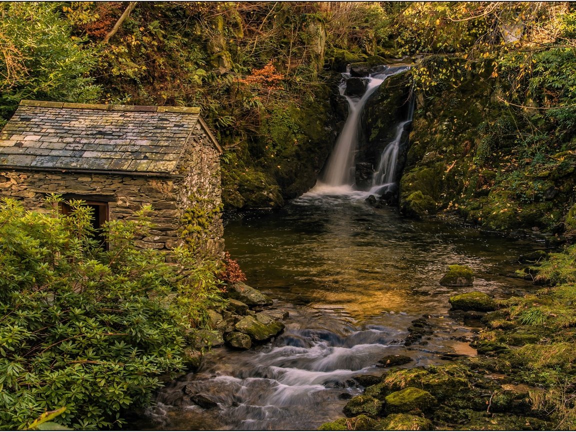 Обои река, пейзаж, водопад, осень, дом, river, landscape, waterfall, autumn, house разрешение 2880x1653 Загрузить