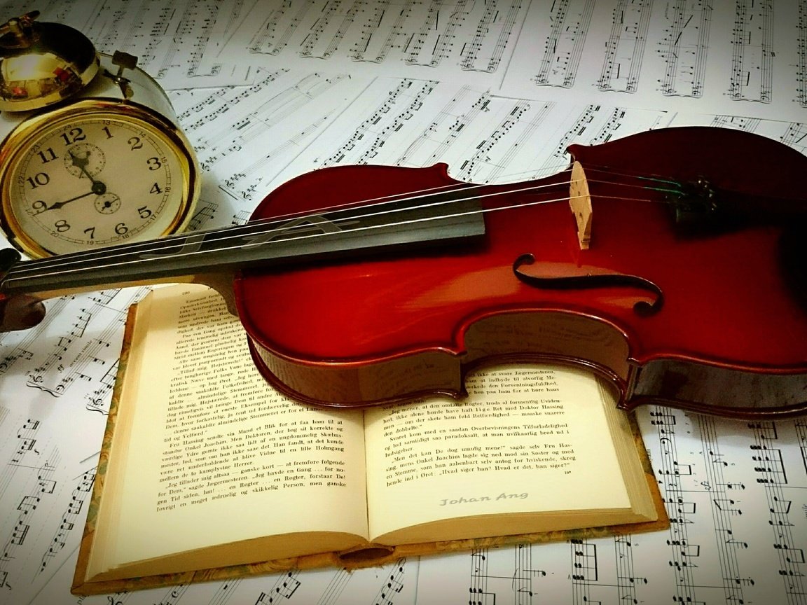 Обои скрипка, книга, будильник, violin, book, alarm clock разрешение 3840x2160 Загрузить