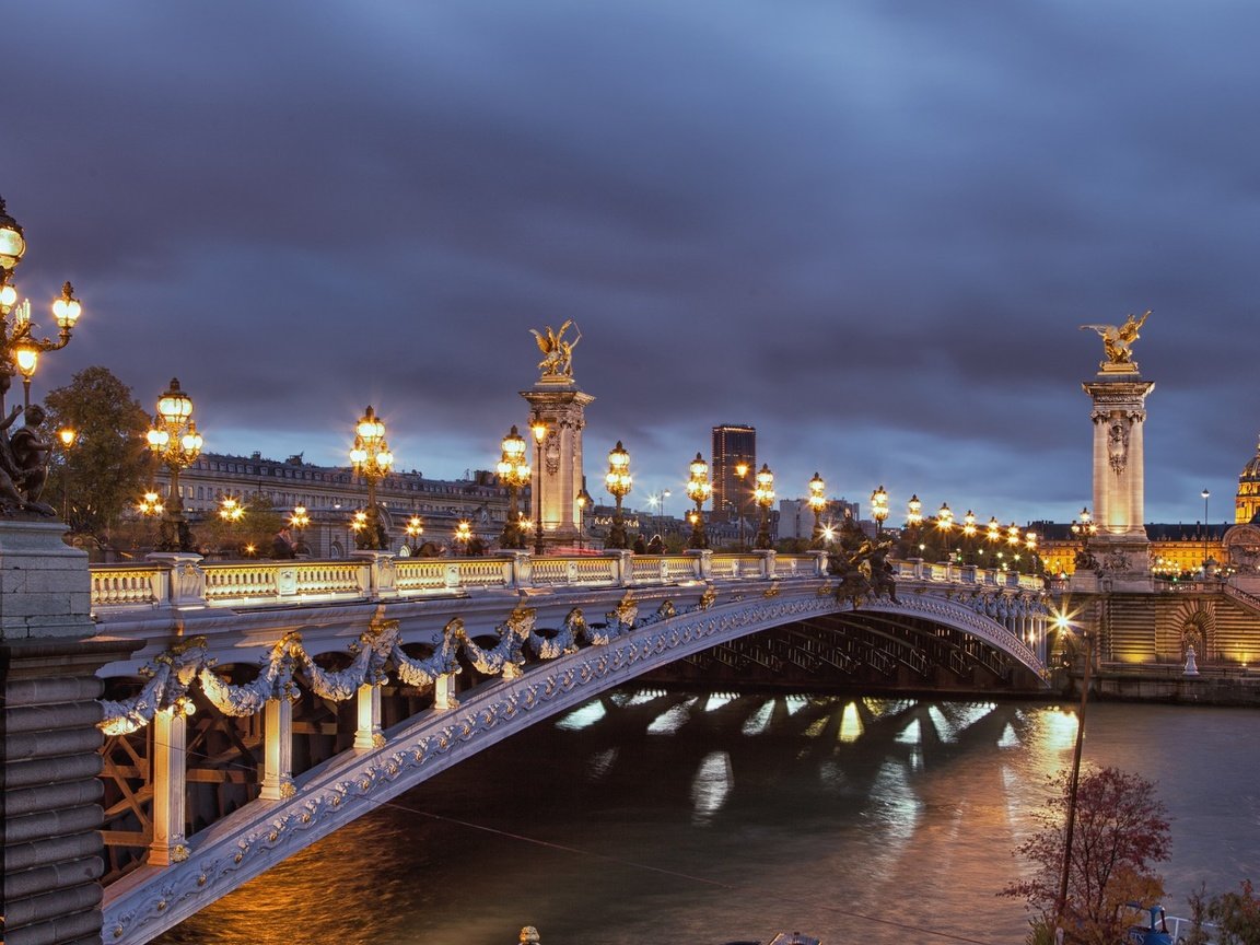 Обои ночь, огни, мост, город, париж, франция, night, lights, bridge, the city, paris, france разрешение 1920x1200 Загрузить