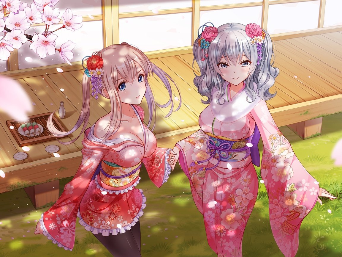 Обои цветы, аниме, девушки, кимоно, anime girls, kantai collection, kashima, graf zeppelin, kancolle, flowers, anime, girls, kimono разрешение 2500x1768 Загрузить