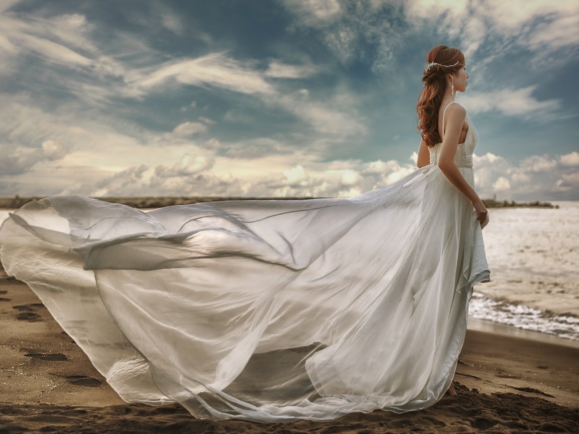 Обои море, платье, азиатка, невеста, sea, dress, asian, the bride разрешение 1920x1243 Загрузить