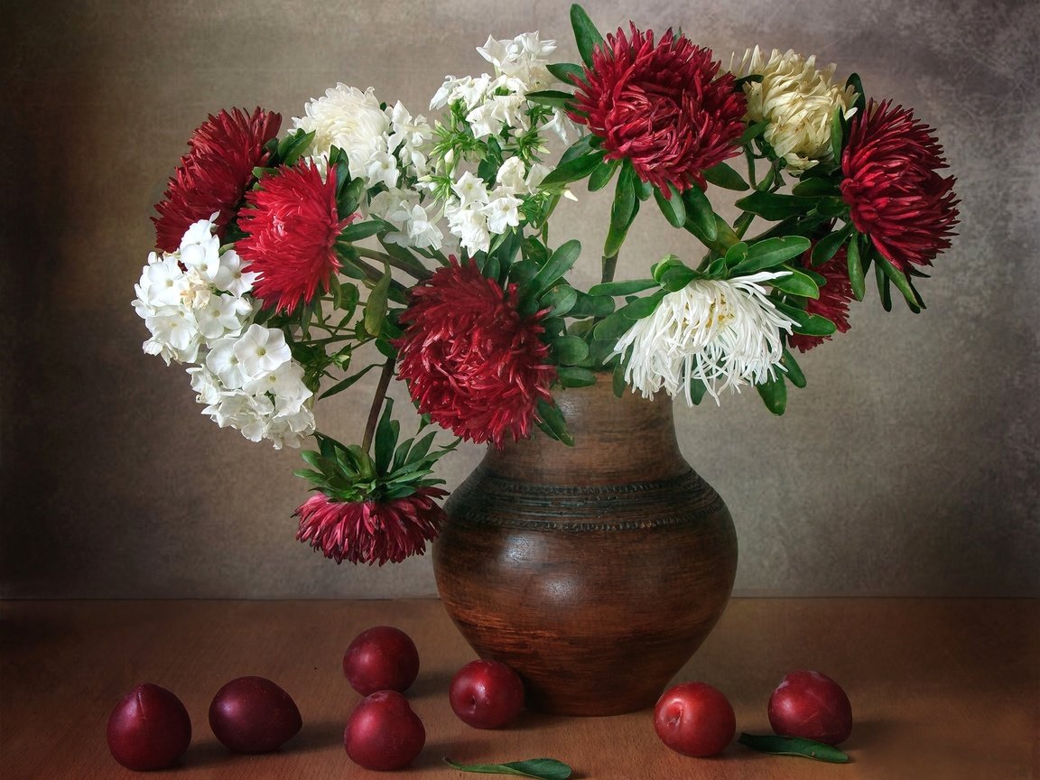 Обои букет, кувшин, алыча, астры, флоксы, bouquet, pitcher, plum, asters, phlox разрешение 2000x1502 Загрузить