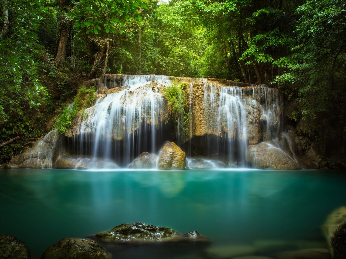 Обои деревья, вода, камни, водопад, поток, trees, water, stones, waterfall, stream разрешение 2048x1365 Загрузить