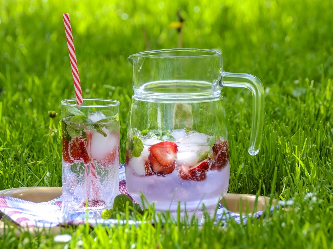 Обои трава, напиток, клубника, лёд, стакан, кувшин, лимонад, grass, drink, strawberry, ice, glass, pitcher, lemonade разрешение 3000x2000 Загрузить