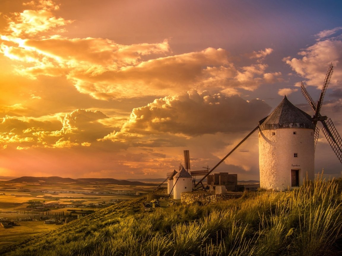 Обои небо, трава, закат, долина, испания, ветряная мельница, the sky, grass, sunset, valley, spain, windmill разрешение 3000x1688 Загрузить