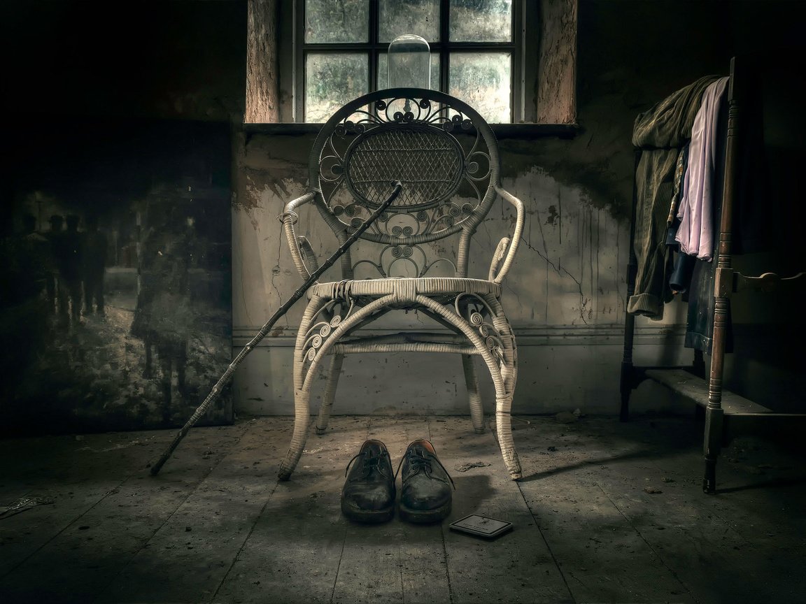 Обои картина, стул, ботинки, трость, solitude, picture, chair, shoes, cane разрешение 2048x1368 Загрузить