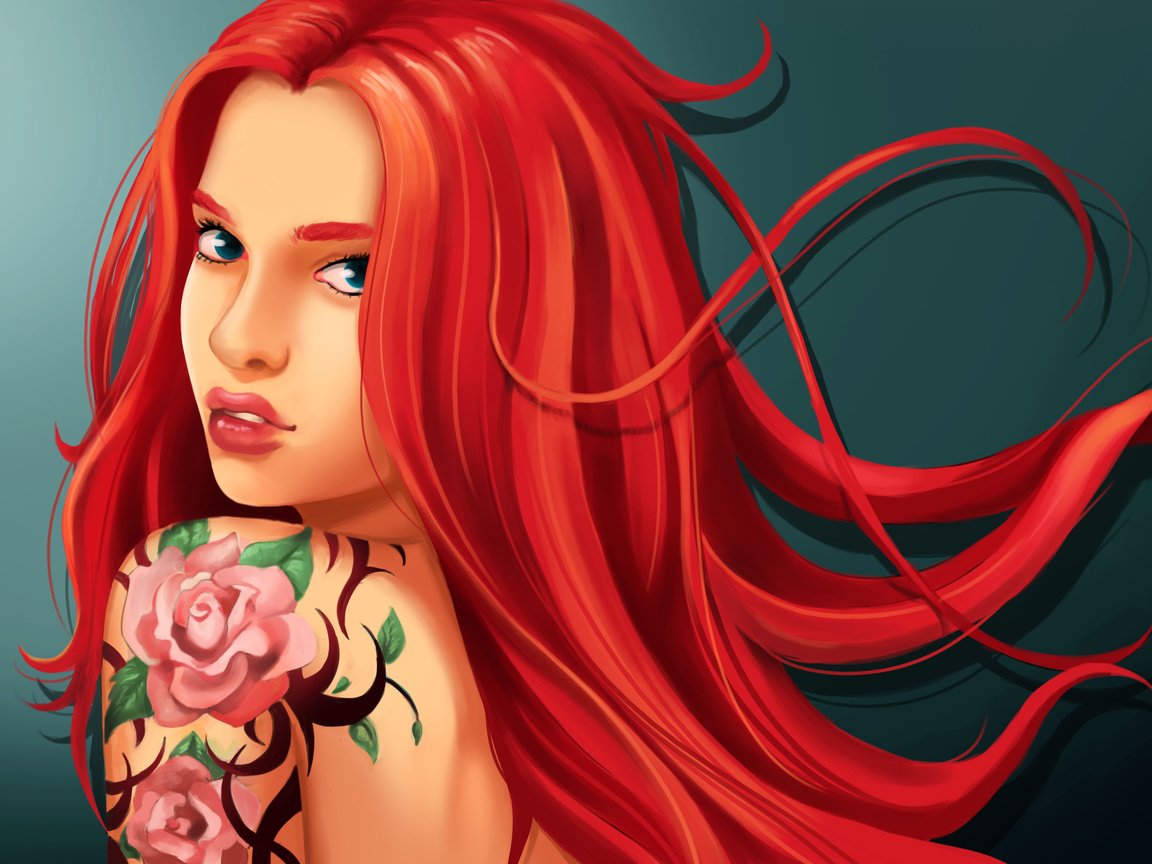 Обои арт, девушка, взгляд, тату, красные волосы, art, girl, look, tattoo, red hair разрешение 4134x2362 Загрузить