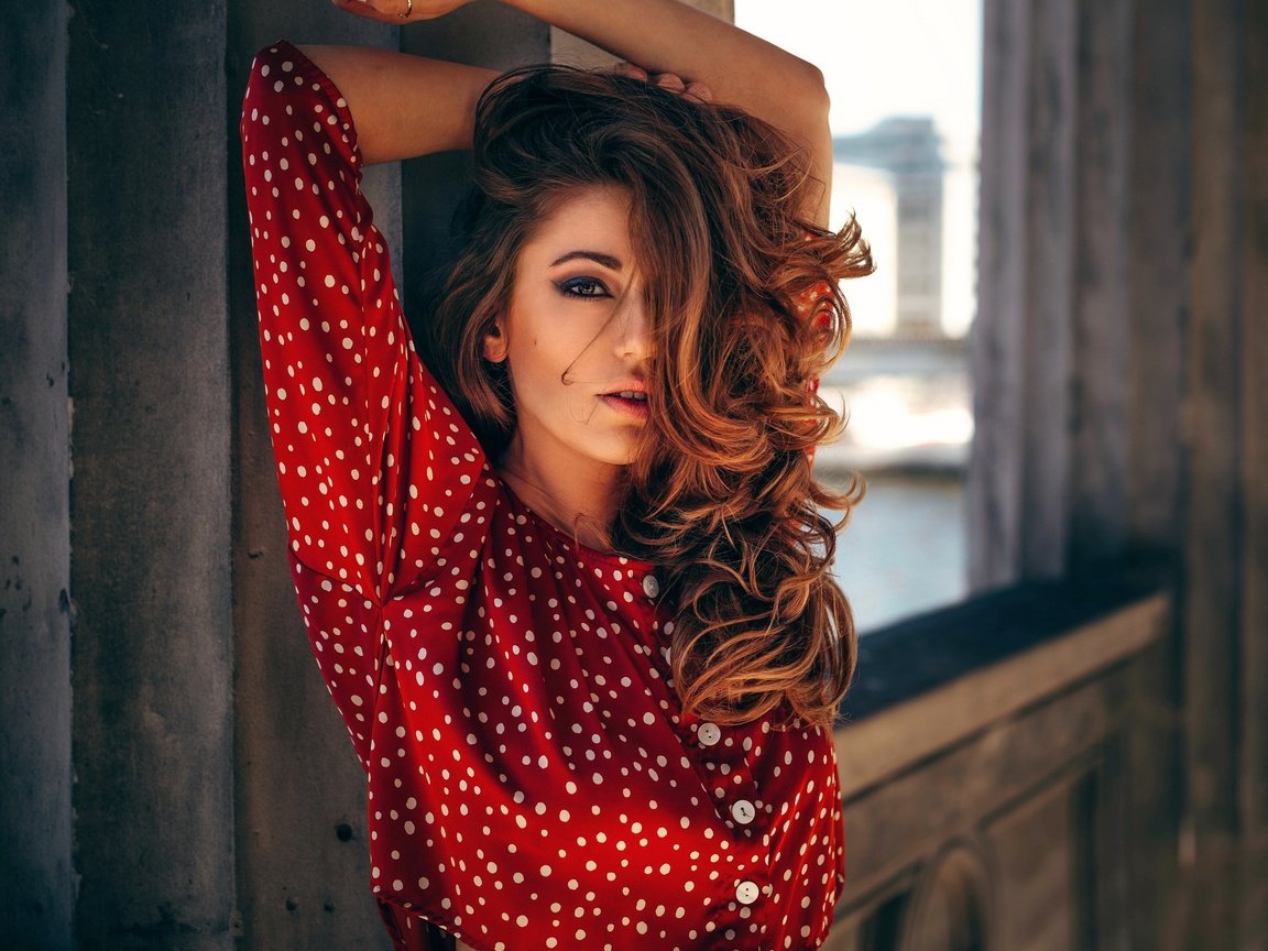 Обои девушка, модель, горошек, блузка, рыжеволосая, кареглазая, girl, model, polka dot, blouse, redhead, brown-eyed разрешение 2880x1920 Загрузить