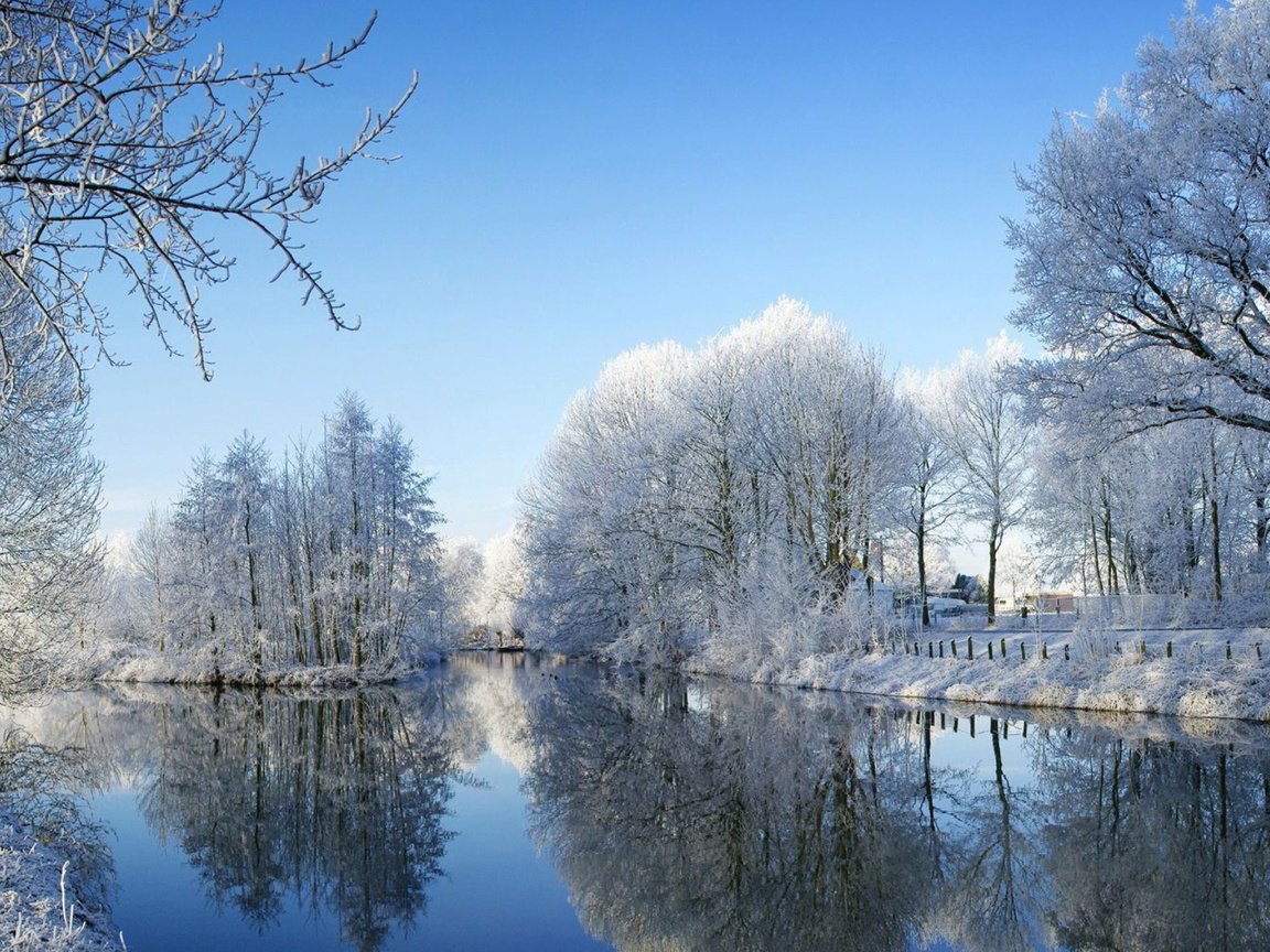 Обои небо, снежный, деревья, река, снег, лес, зима, отражение, иней, the sky, trees, river, snow, forest, winter, reflection, frost разрешение 1920x1200 Загрузить