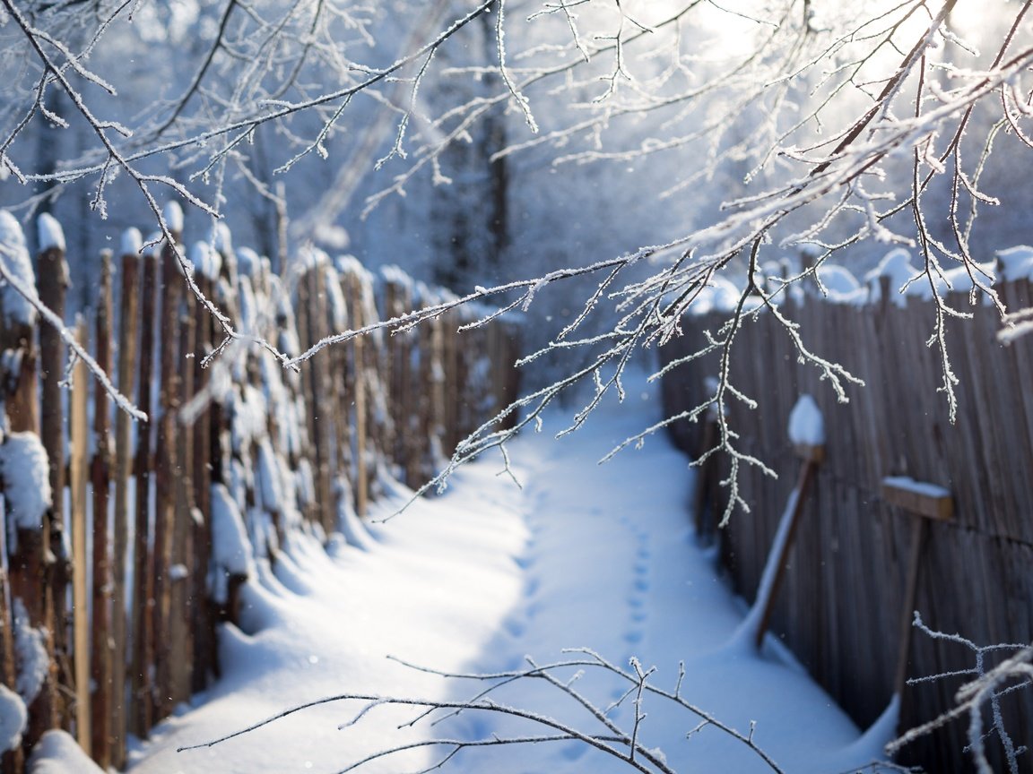 Обои ветка, снег, зима, синий, забор, следы, сугробы, branch, snow, winter, blue, the fence, traces, the snow разрешение 5472x3648 Загрузить