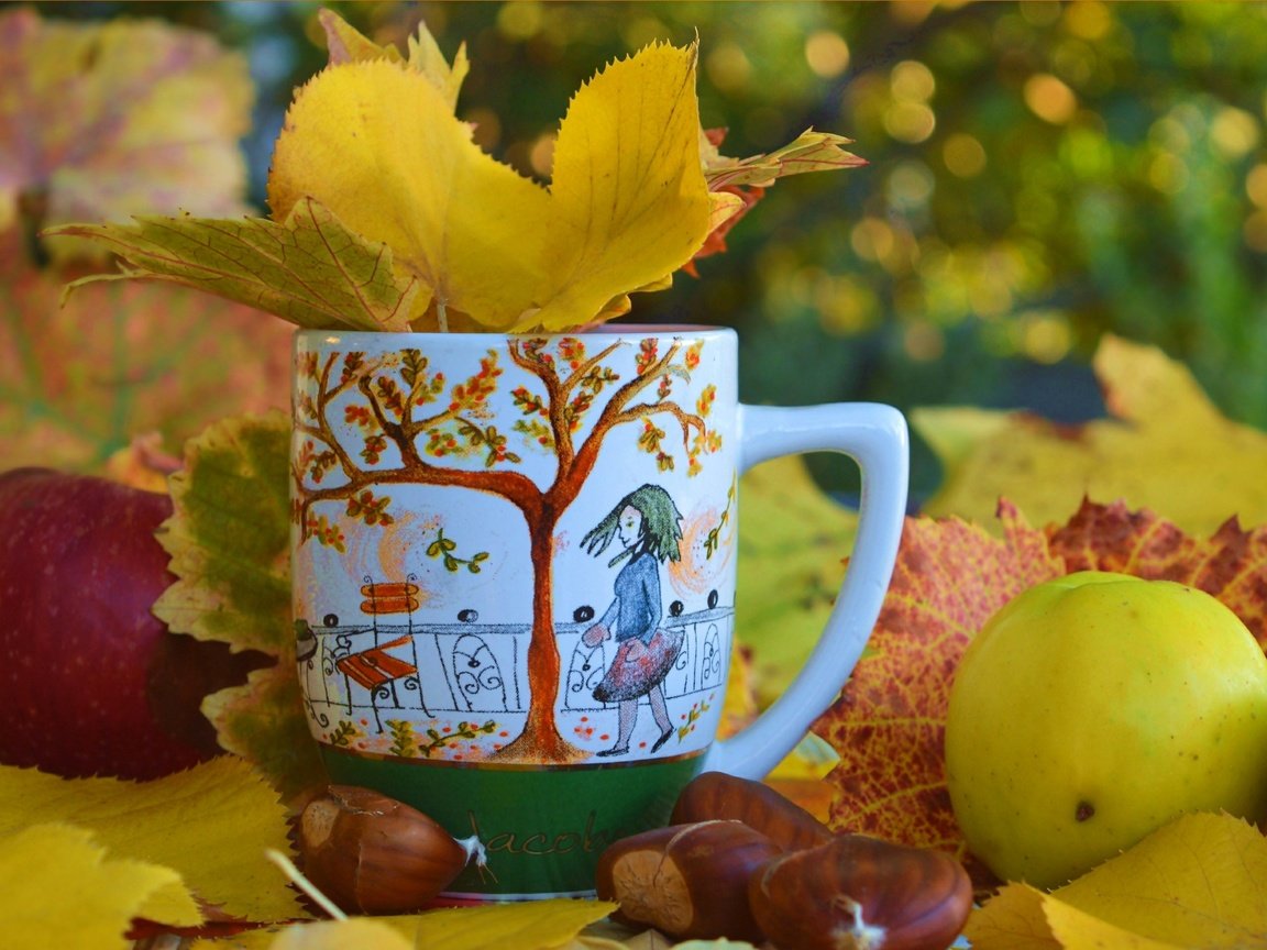 Обои листья, яблоки, осень, чашка, осен, каштаны,  листья, leaves, apples, autumn, cup, chestnuts разрешение 3002x1912 Загрузить