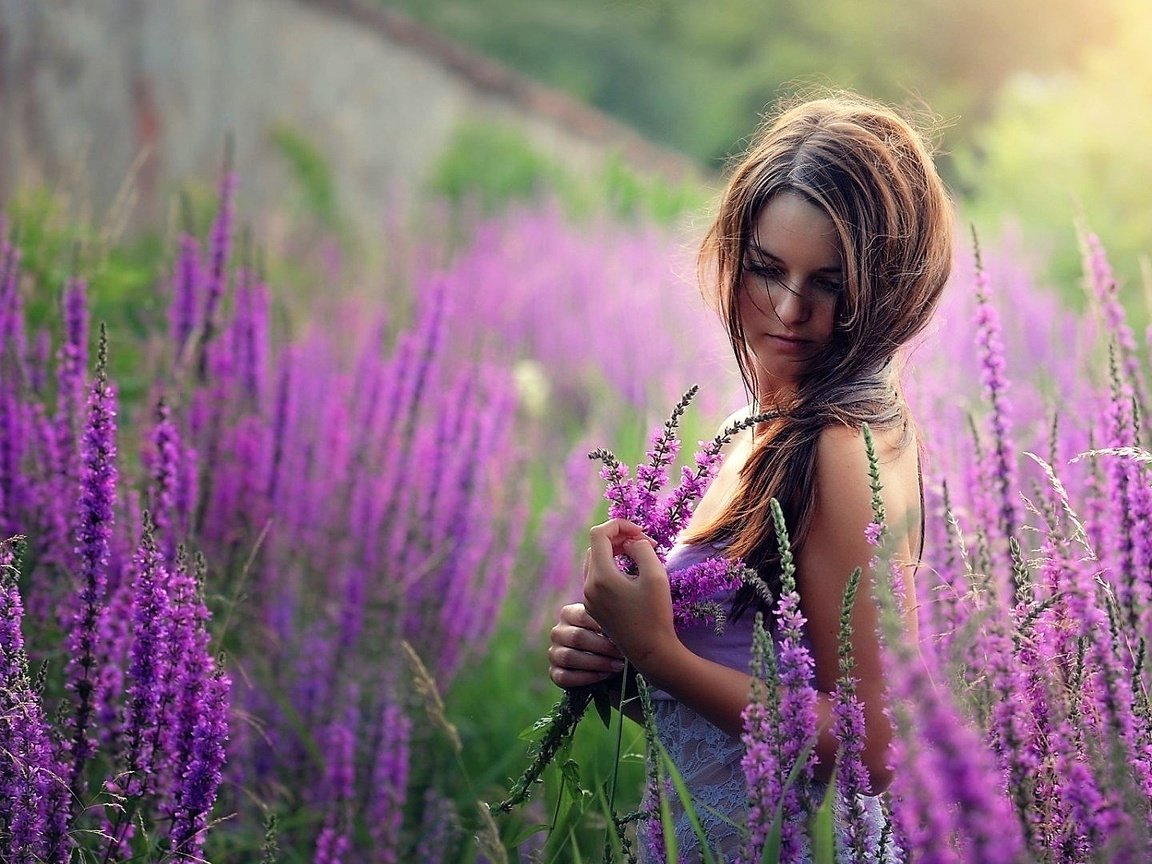 Обои цветы, девушка, лаванда, взгляд, волосы, flowers, girl, lavender, look, hair разрешение 1920x1080 Загрузить