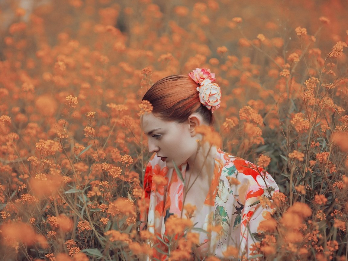 Обои цветы, природа, девушка, профиль, рыжеволосая, flowers, nature, girl, profile, redhead разрешение 2048x1365 Загрузить