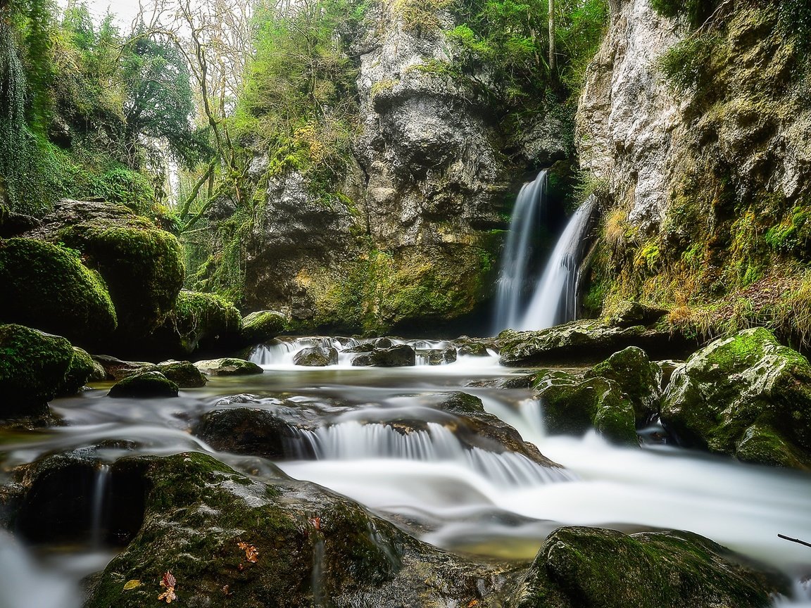 Обои деревья, вода, камни, водопад, мох, потоки, trees, water, stones, waterfall, moss, threads разрешение 2048x1152 Загрузить