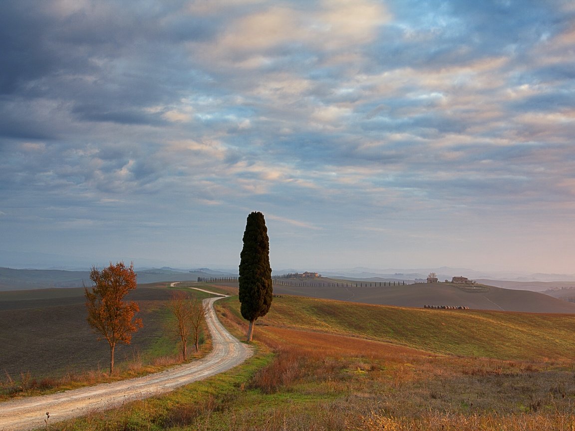 Обои небо, дорога, облака, дерево, поле, италия, тоскана, the sky, road, clouds, tree, field, italy, tuscany разрешение 3887x2410 Загрузить