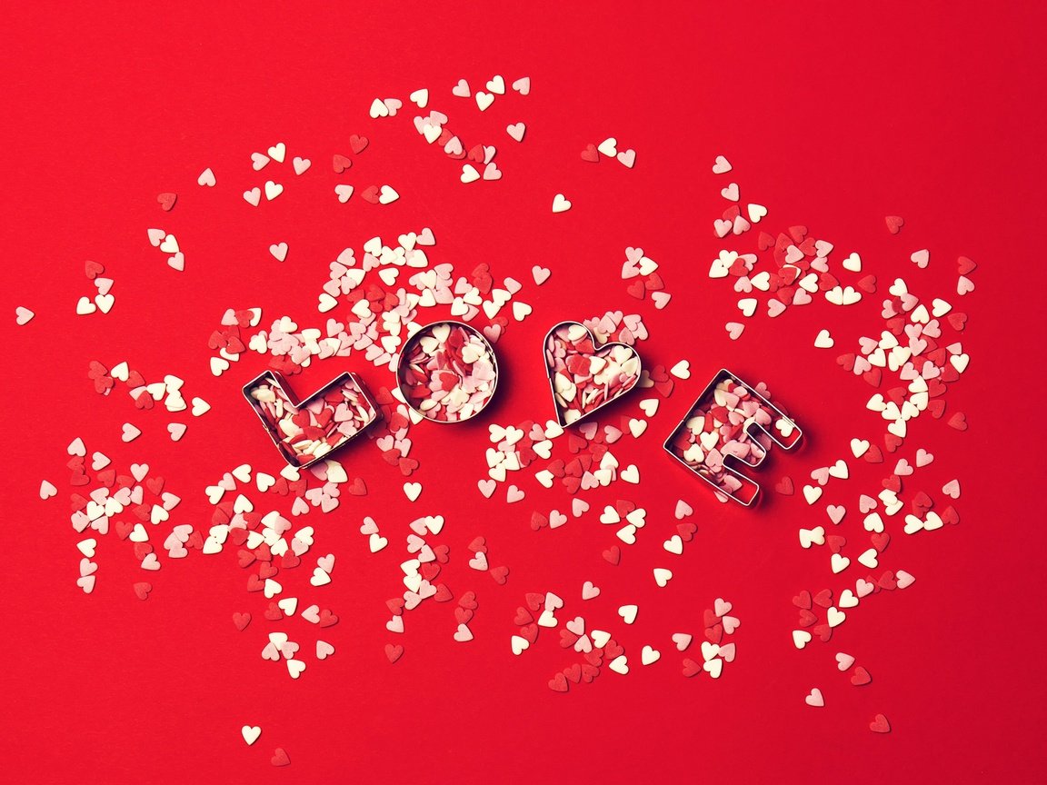 Обои любовь, сердечки, красный фон, день святого валентина, конфетти, love, hearts, red background, valentine's day, confetti разрешение 2560x1707 Загрузить