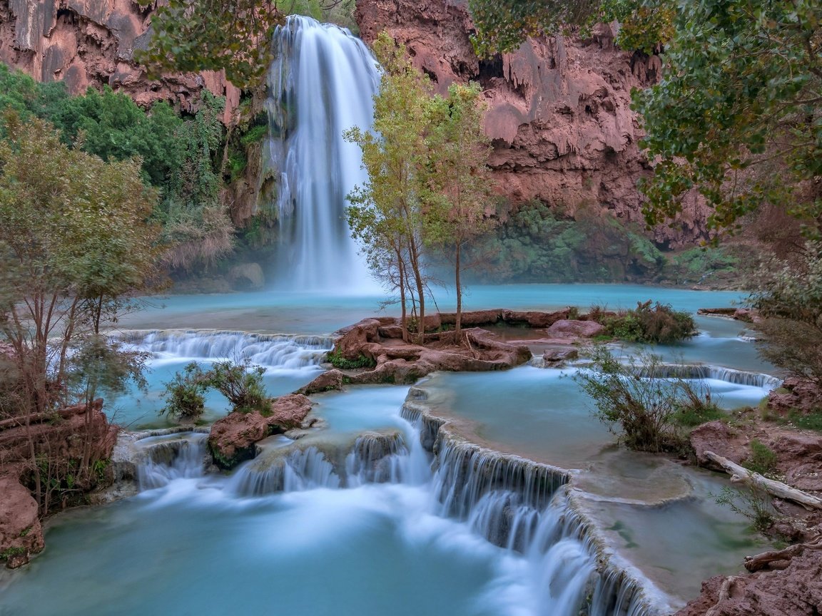 Обои деревья, скалы, водопад, аризона, гранд-каньон, водопад хавасу, trees, rocks, waterfall, az, the grand canyon, havasu falls разрешение 2048x1380 Загрузить