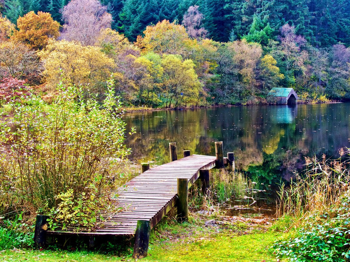 Обои деревья, озеро, природа, мостик, осень, домик, леса, шотландия, trees, lake, nature, the bridge, autumn, house, forest, scotland разрешение 3800x2600 Загрузить