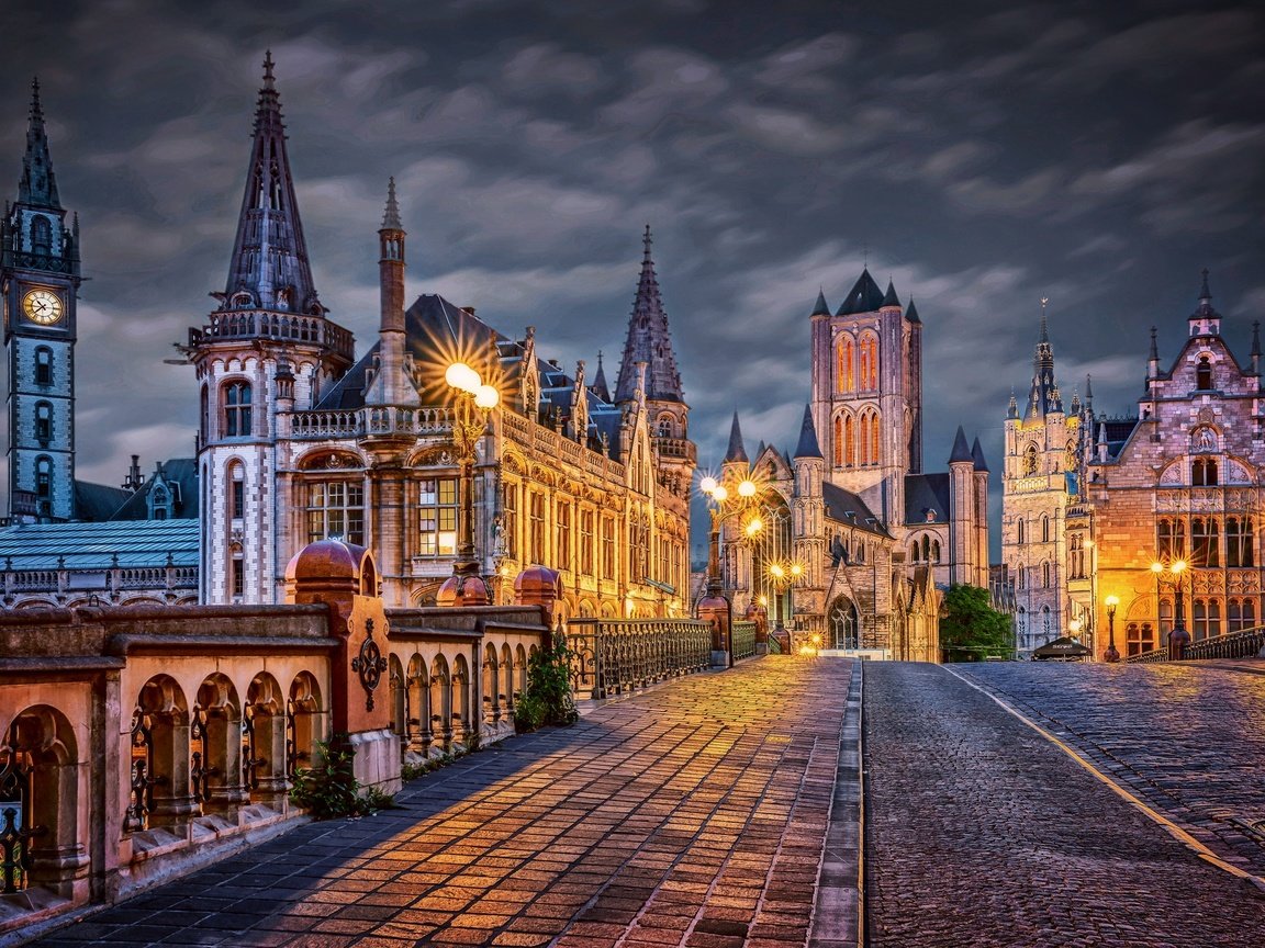 Обои ночь, огни, здания, мостовая, бельгия, гент, night, lights, building, bridge, belgium, ghent разрешение 2048x1342 Загрузить