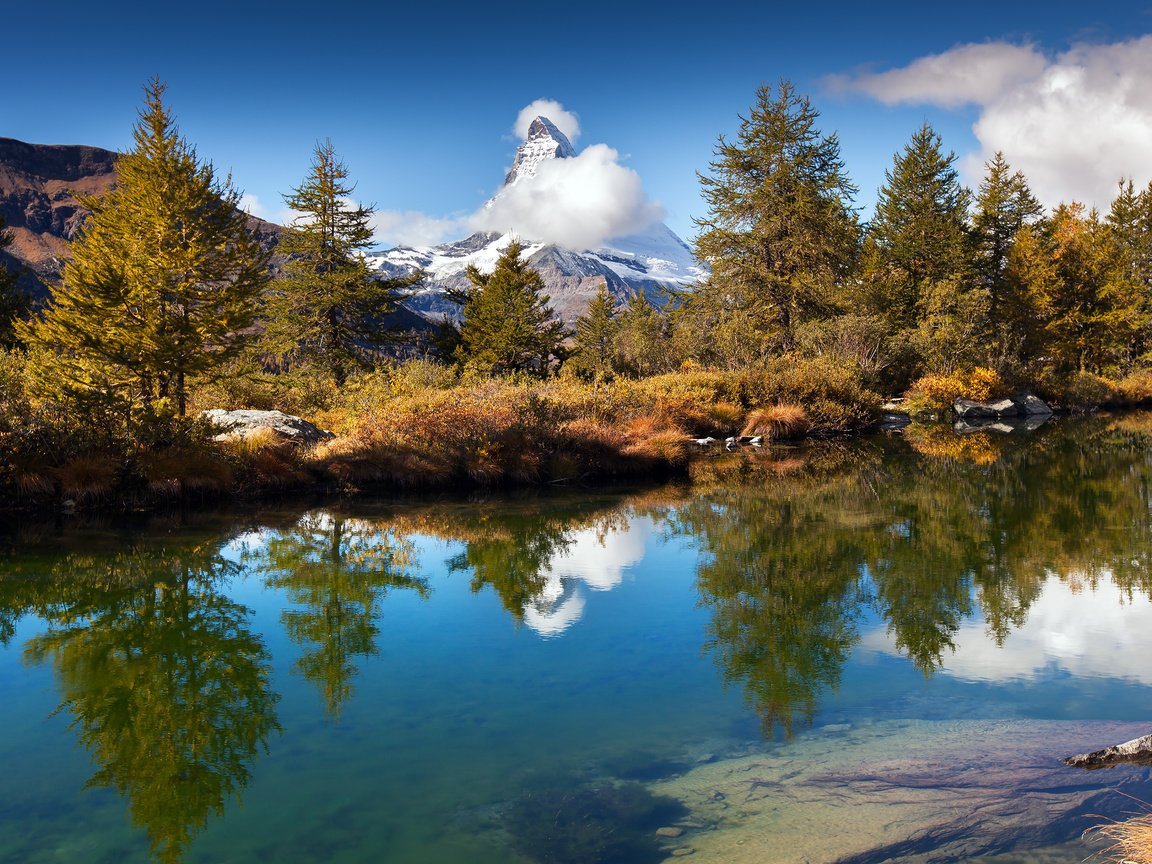 Обои озеро, grindjisee lake, grindjisee, горы, природа, лес, отражение, пейзаж, осень, швейцария, lake, mountains, nature, forest, reflection, landscape, autumn, switzerland разрешение 3840x2400 Загрузить