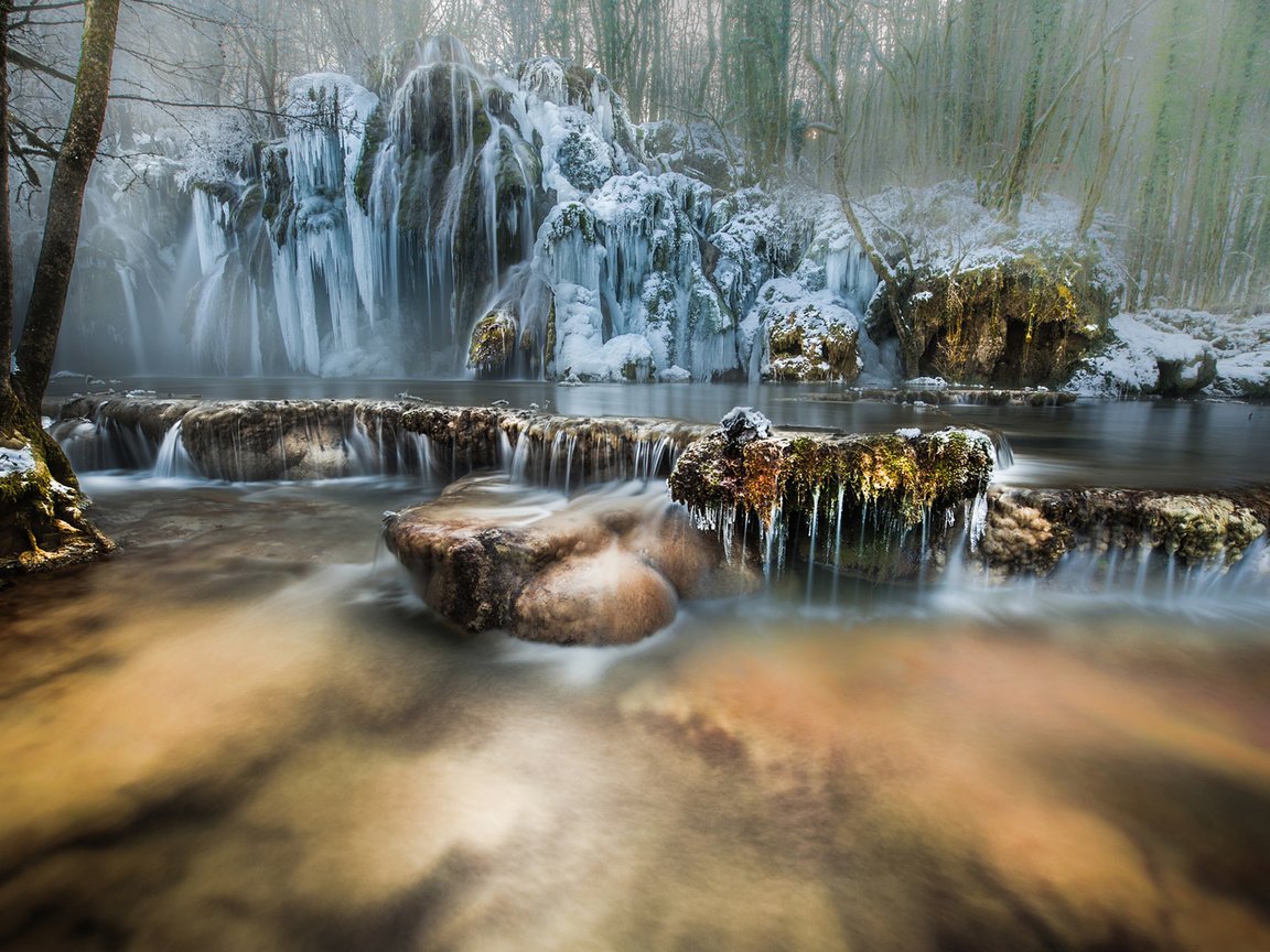 Обои река, природа, лес, зима, водопад, river, nature, forest, winter, waterfall разрешение 1920x1200 Загрузить