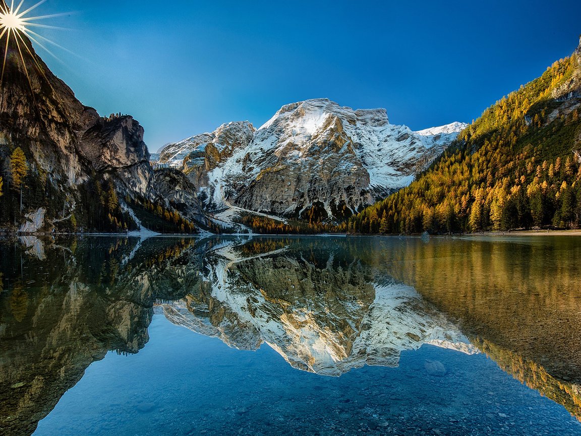 Обои небо, dolomites, braies lake, озеро, vdpfreelancer, горы, природа, отражение, пейзаж, италия, солнечные лучи, the sky, lake, mountains, nature, reflection, landscape, italy, the sun's rays разрешение 1920x1200 Загрузить