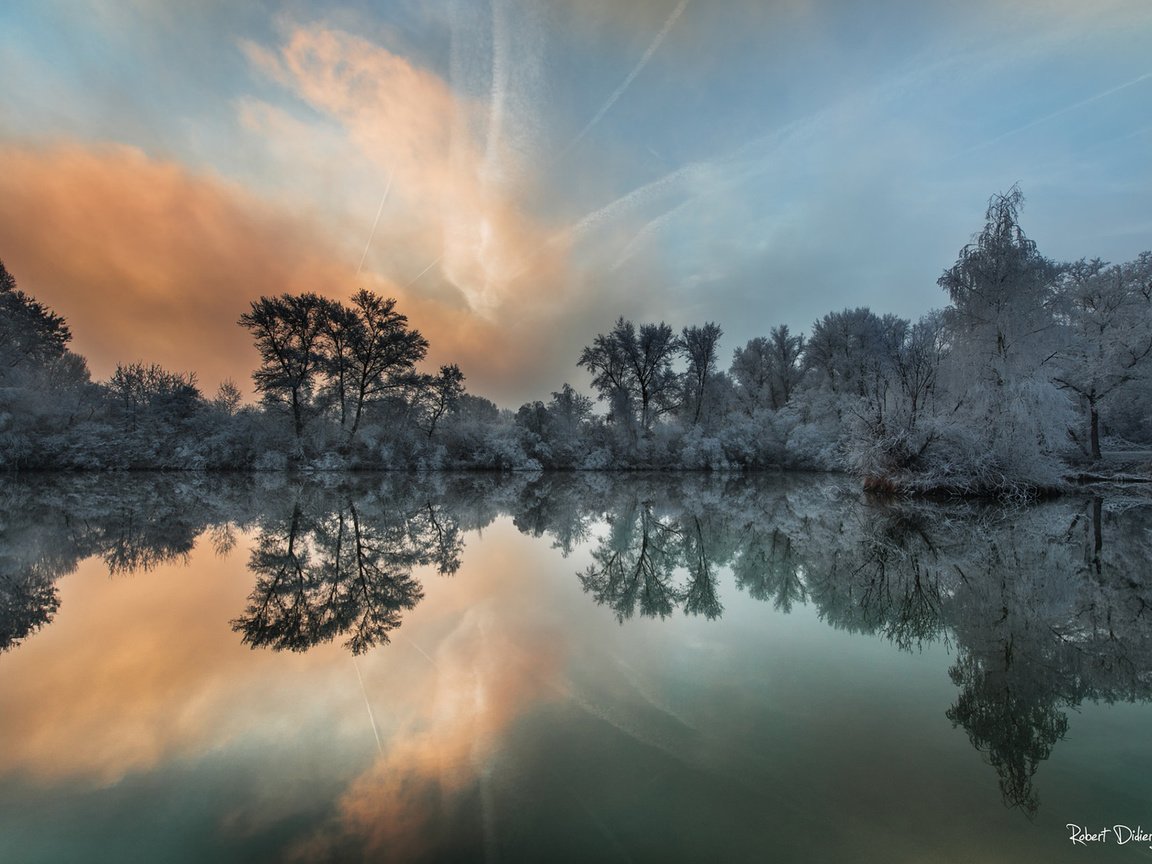 Обои озеро, природа, лес, отражение, кусты, иней, lake, nature, forest, reflection, the bushes, frost разрешение 1920x1200 Загрузить