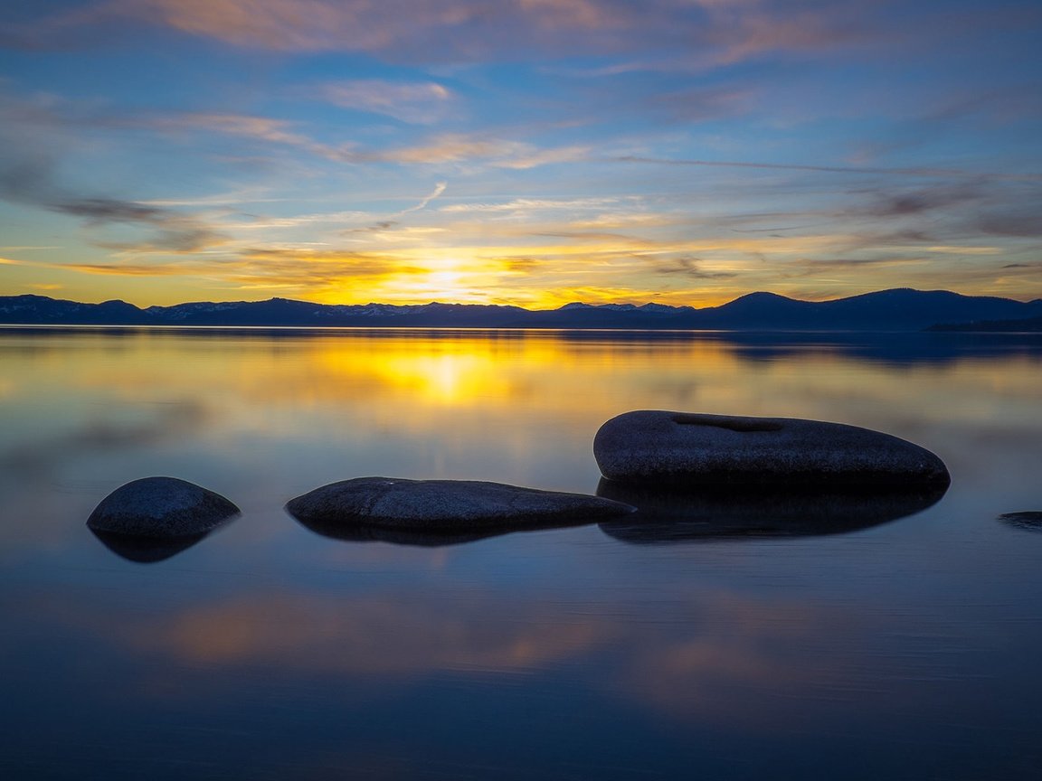 Обои озеро, камни, закат, пейзаж, lake, stones, sunset, landscape разрешение 1920x1200 Загрузить