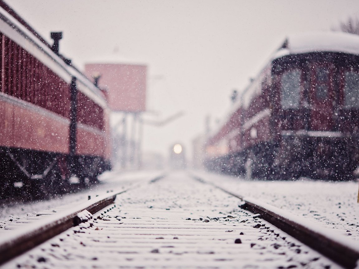 Обои снег, железная дорога, рельсы, зима, поезда, поезд, снегопад, snow, railroad, rails, winter, trains, train, snowfall разрешение 1920x1200 Загрузить