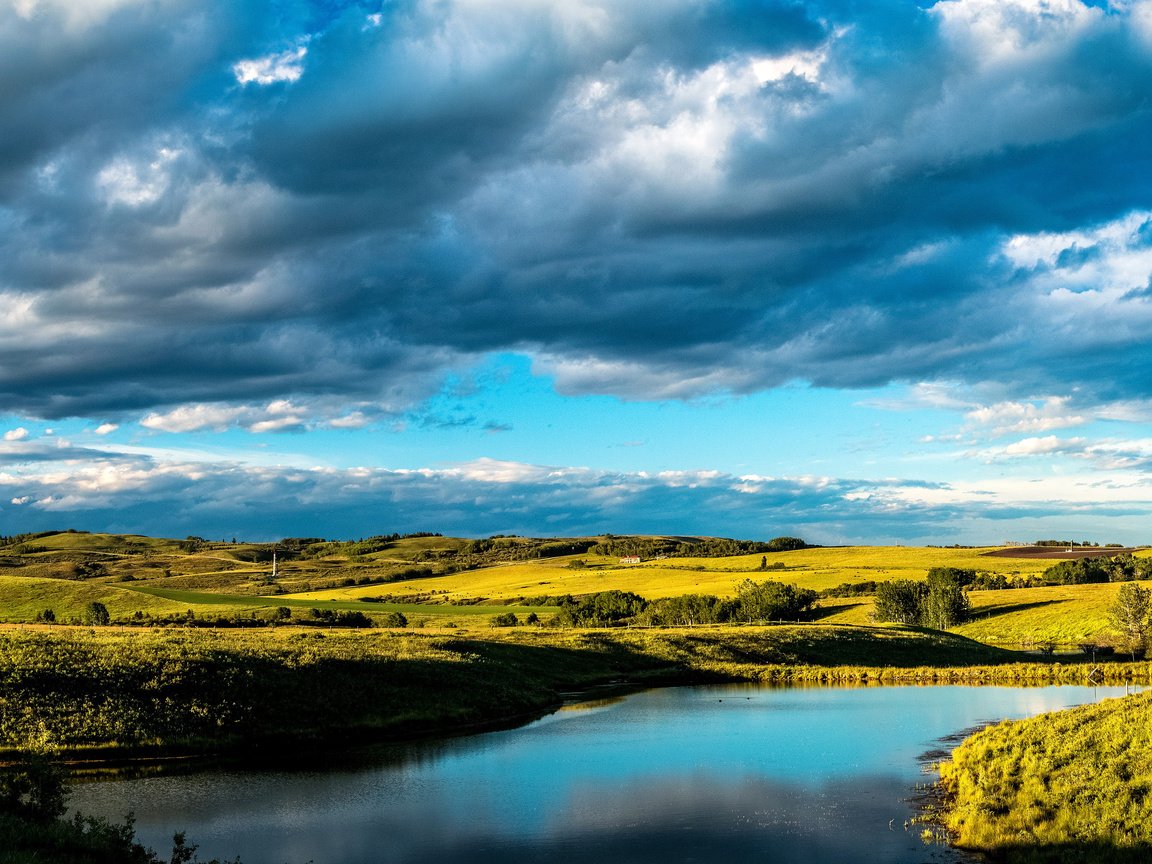 Обои облака, turner valley, природа, пейзаж, поля, пруд, канада, луга, провинция альберта, clouds, nature, landscape, field, pond, canada, meadows, alberta разрешение 3500x2000 Загрузить