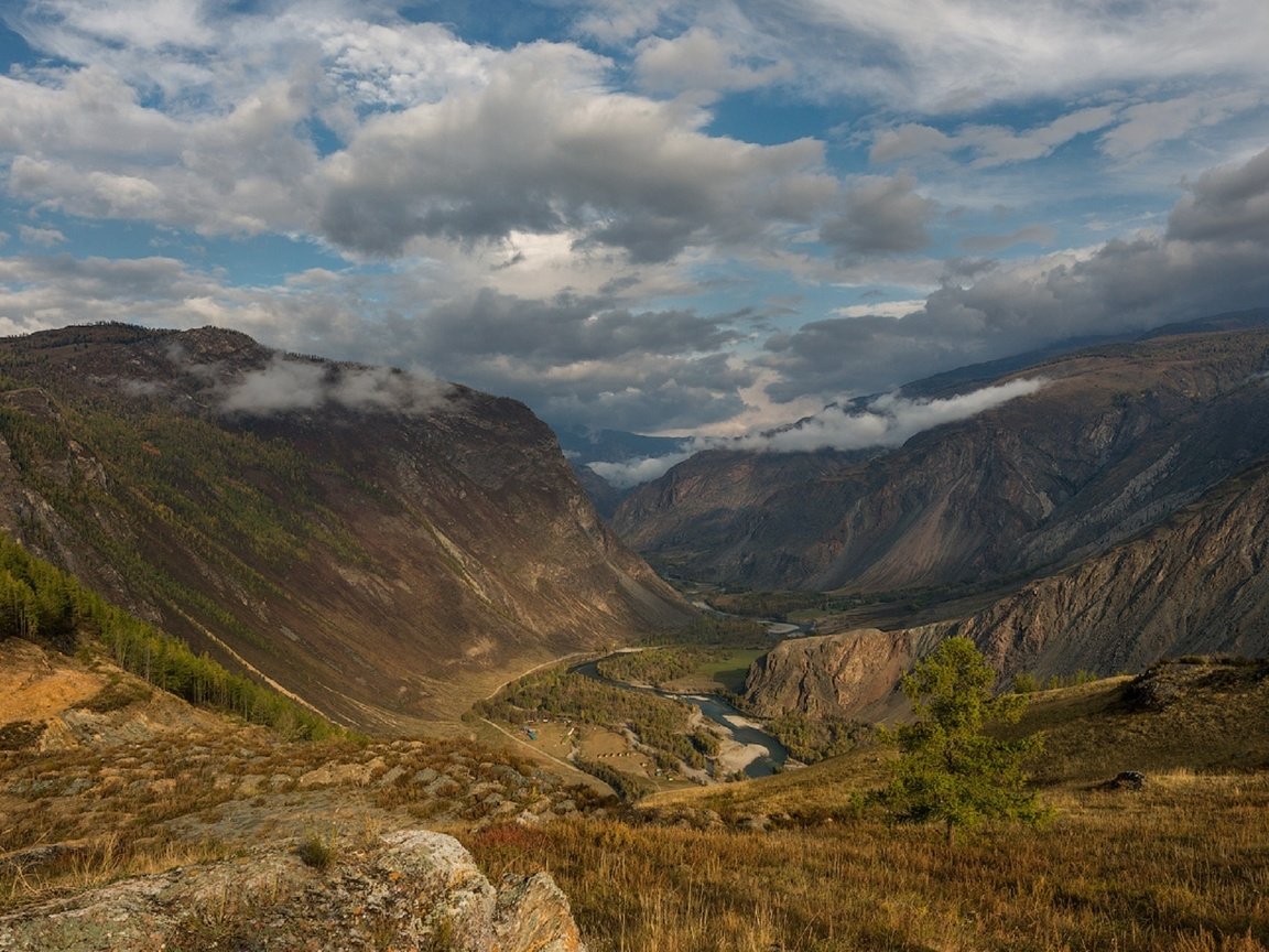 Обои облака, река, горы, ущелье, чулышманский каньон, natalya p, clouds, river, mountains, gorge, dulisminsky canyon разрешение 1920x1289 Загрузить