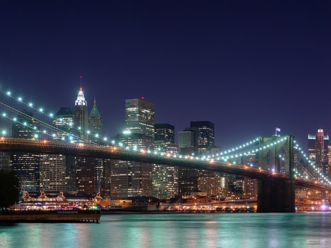 Обои ночь, мост, небоскребы, сша, нью-йорк, бруклинский мост, night, bridge, skyscrapers, usa, new york, brooklyn bridge разрешение 1920x1080 Загрузить