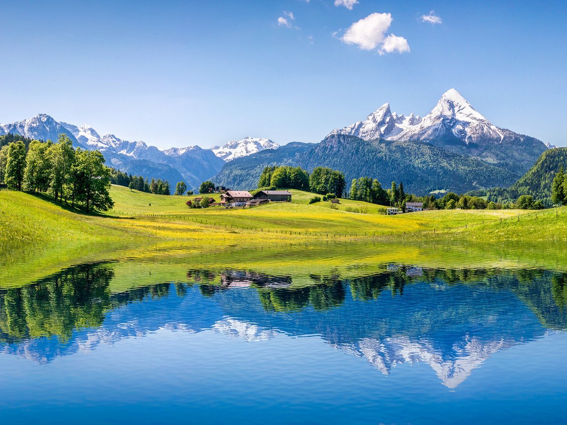 Обои небо, облака, деревья, озеро, горы, отражение, альпы, the sky, clouds, trees, lake, mountains, reflection, alps разрешение 2880x1800 Загрузить