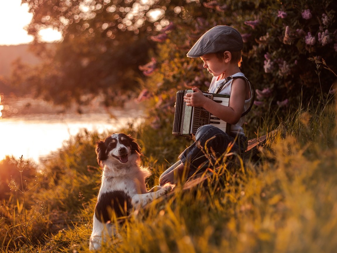 Обои река, собака, дети, ребенок, мальчик, друзья, кепка, аккордеон, river, dog, children, child, boy, friends, cap, accordion разрешение 4000x2521 Загрузить