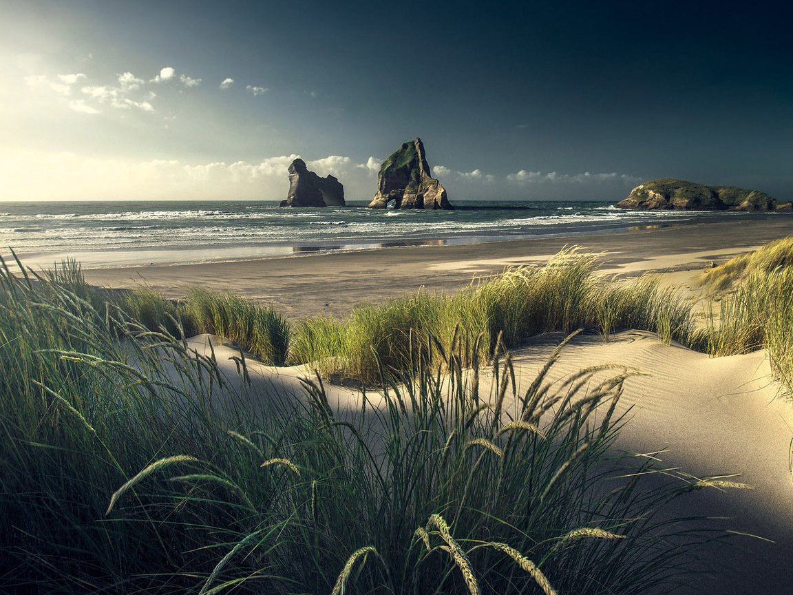 Обои небо, трава, скалы, пейзаж, море, песок, пляж, колоски, the sky, grass, rocks, landscape, sea, sand, beach, spikelets разрешение 1920x1200 Загрузить