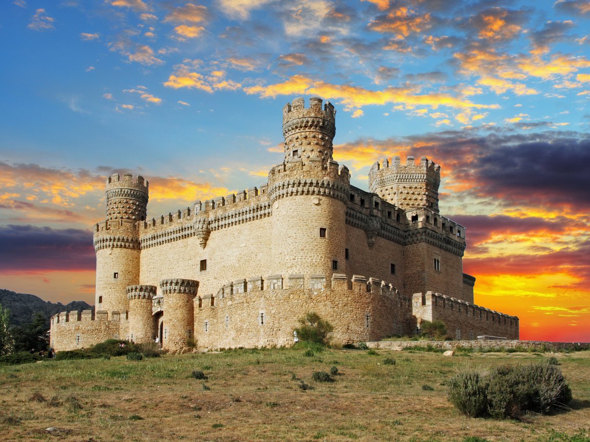 Обои небо, manzanares el real castle, мансанарес-эль-реал, облака, вечер, закат, замок, крепость, испания, замок мансанарес-эль-реал, the sky, manzanares el real, clouds, the evening, sunset, castle, fortress, spain, the castle of manzanares el real разрешение 3017x2000 Загрузить