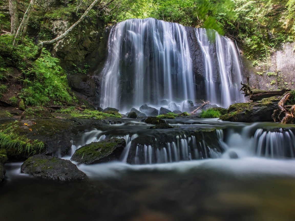 Обои деревья, вода, камни, листья, водопад, поток, мох, trees, water, stones, leaves, waterfall, stream, moss разрешение 2048x1367 Загрузить